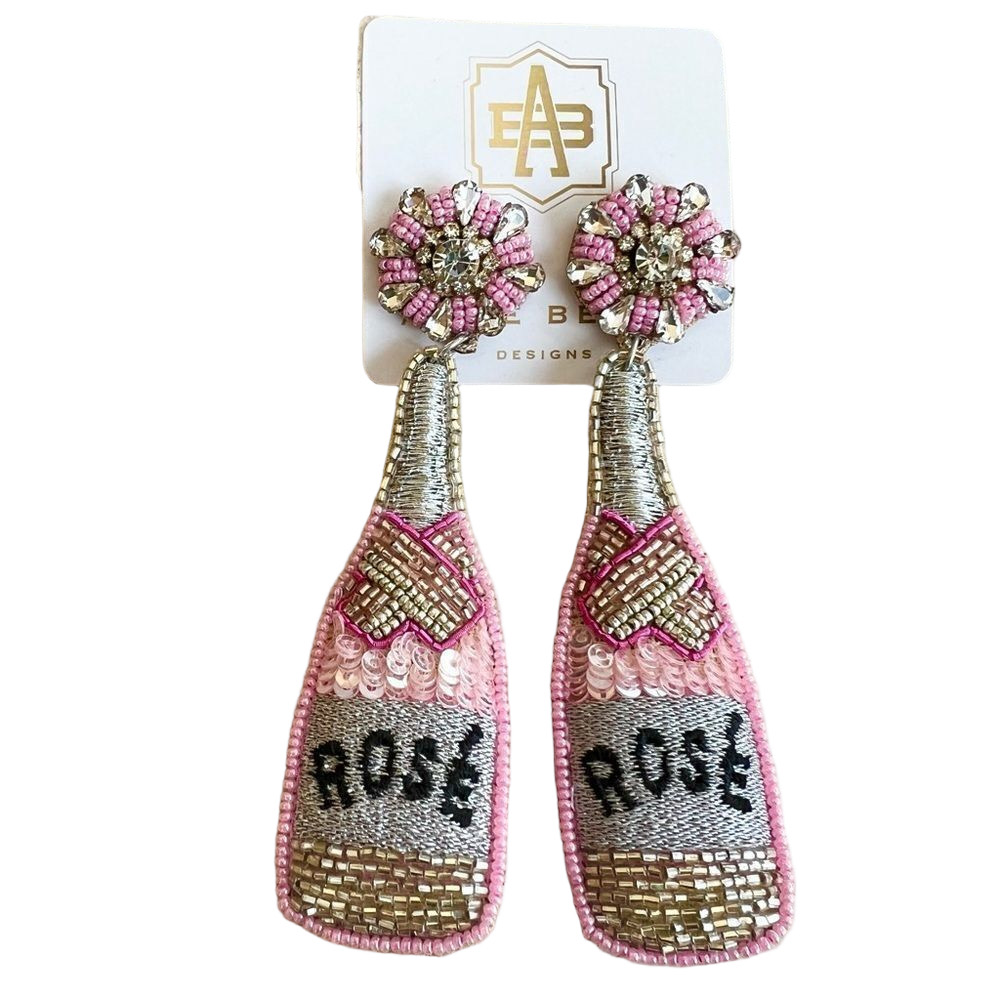 New Monkees of Winter Park Pink Rose Bottle Beaded Sequin Dangle Post Earrings
